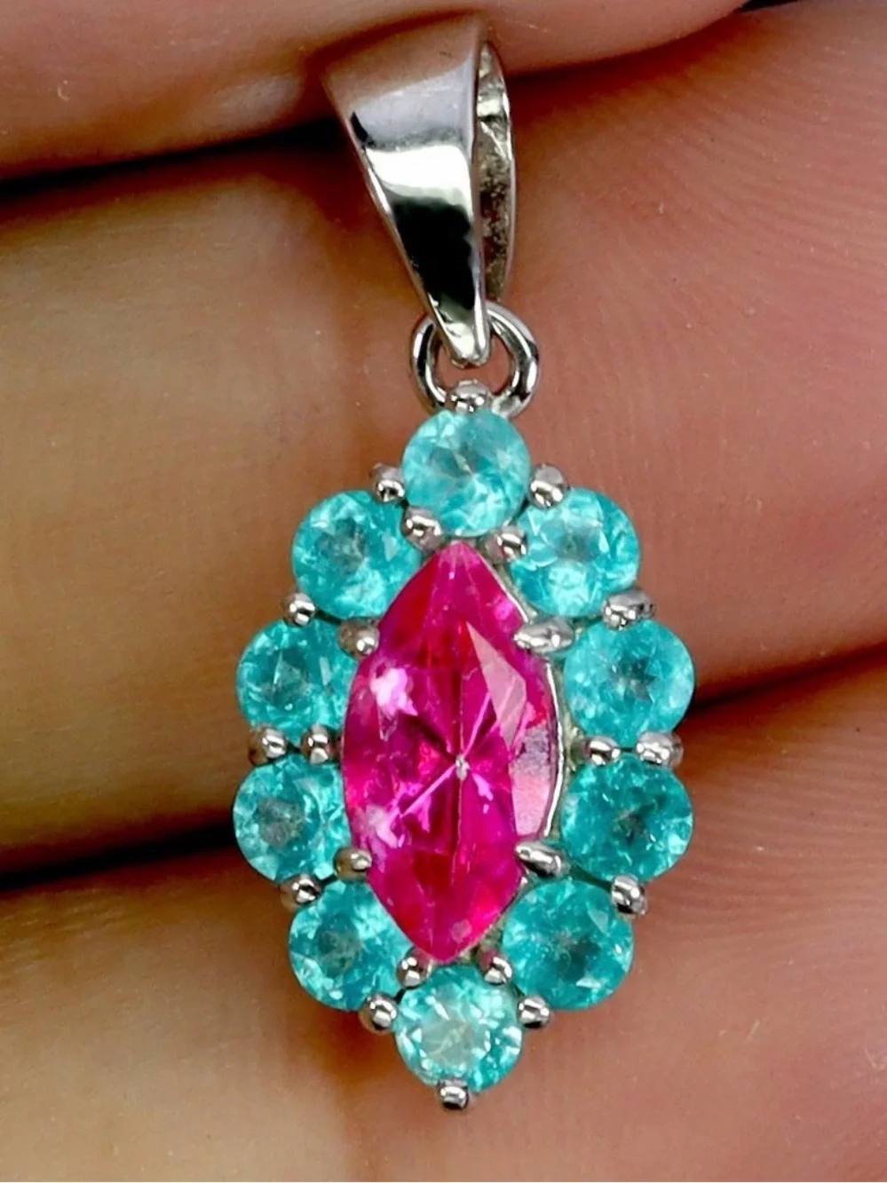 Exquisite Natural Paraiba Blue & Pink Topaz 1.60CT Pendant Necklace 925 SS 18”